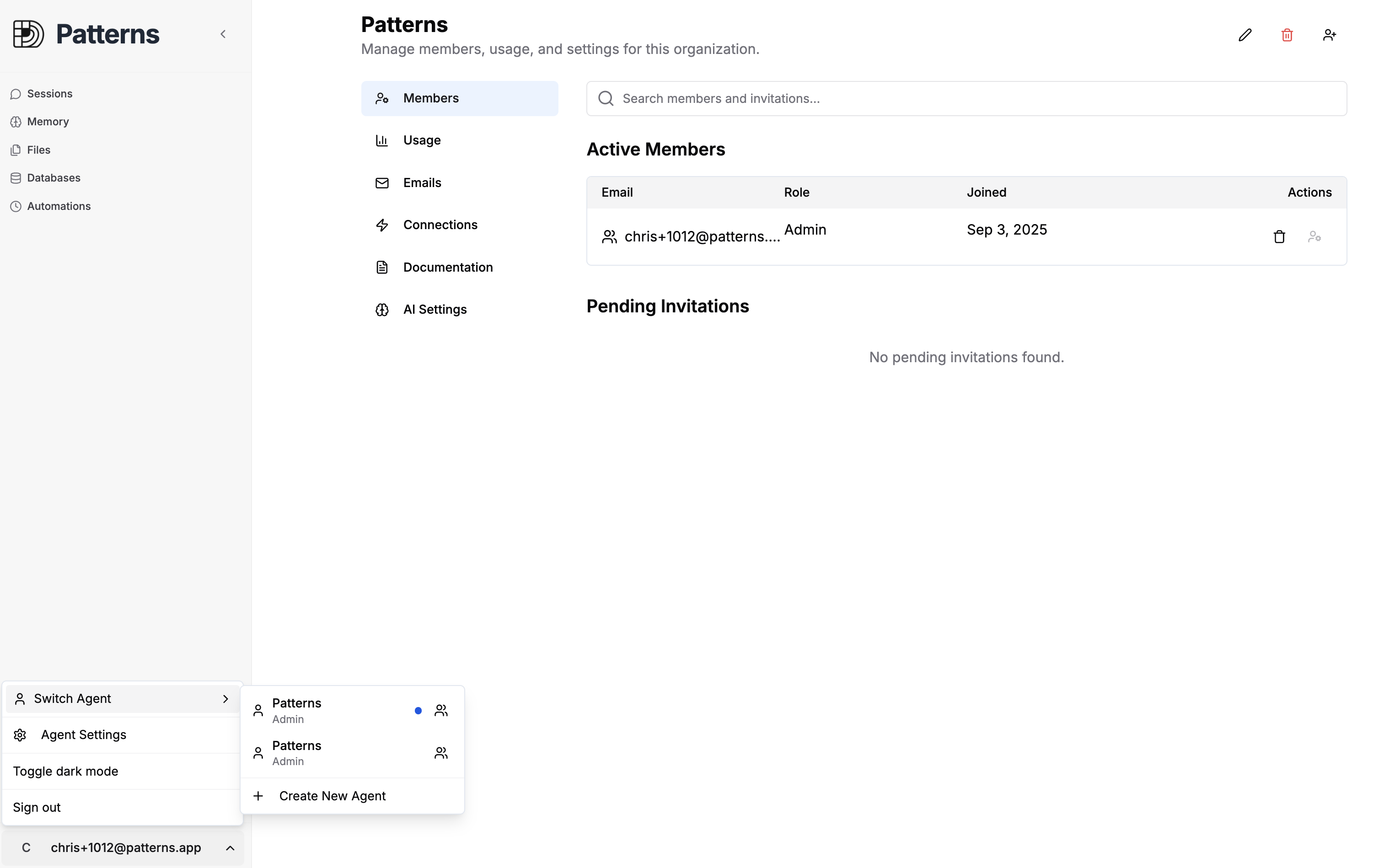 Agents list and Members modal showing invite functionality and role selector