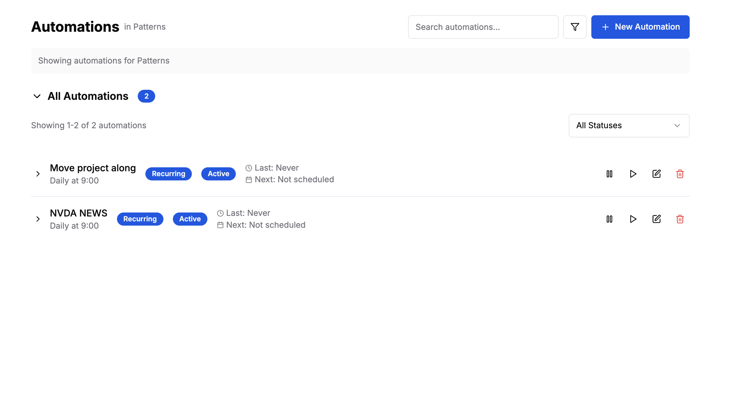 Memory list filtered by a project tag with a template memory opened