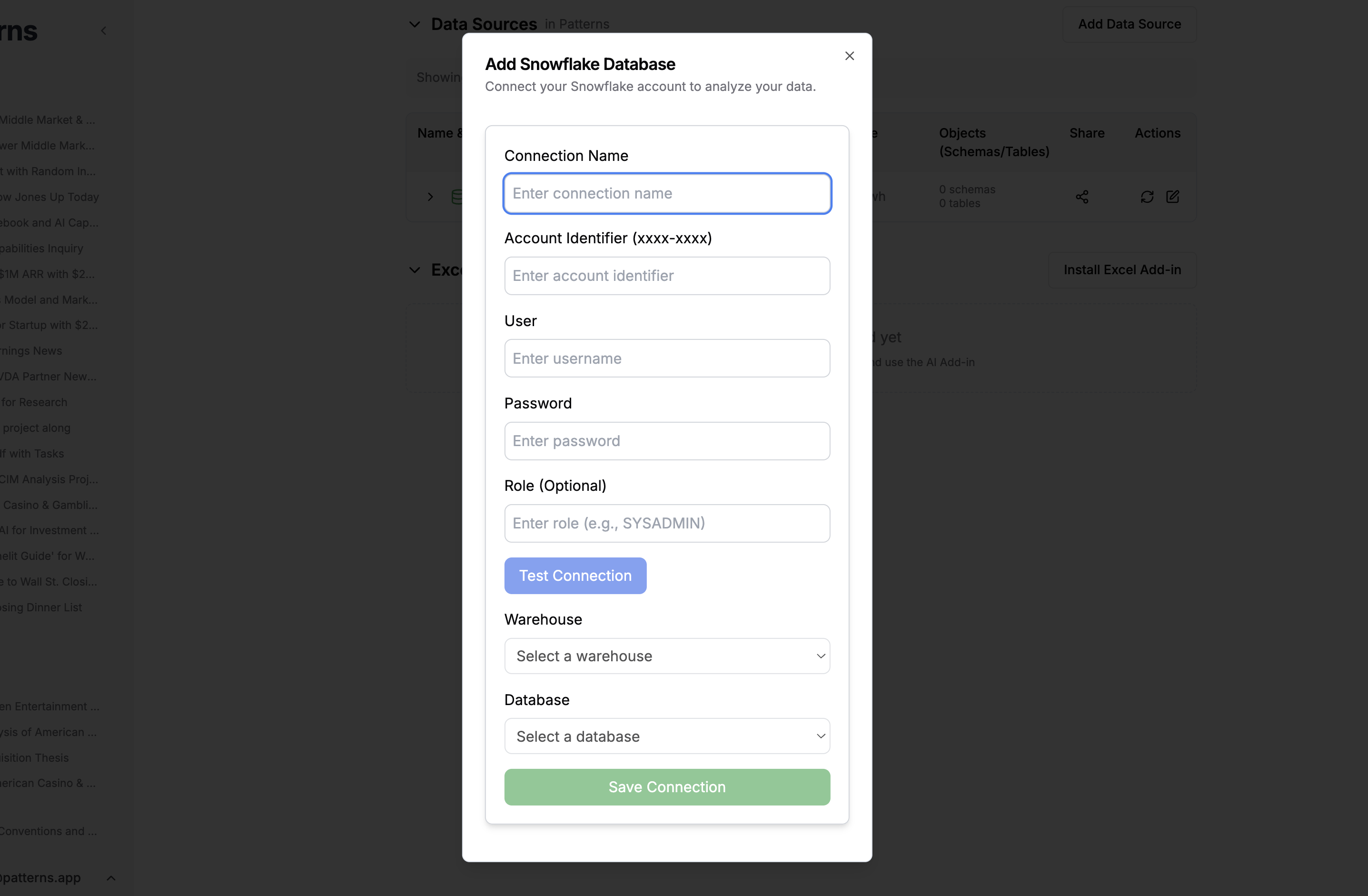Connections table with connector type, sync status, and destination